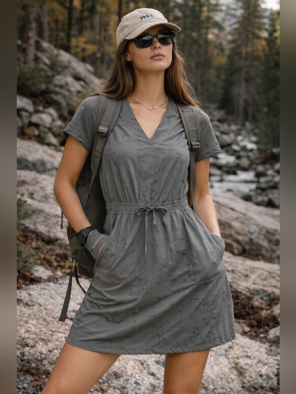 REI Co-op Womens Small Travel Dress Green Stretch Hiking Casual Outdoor Pockets